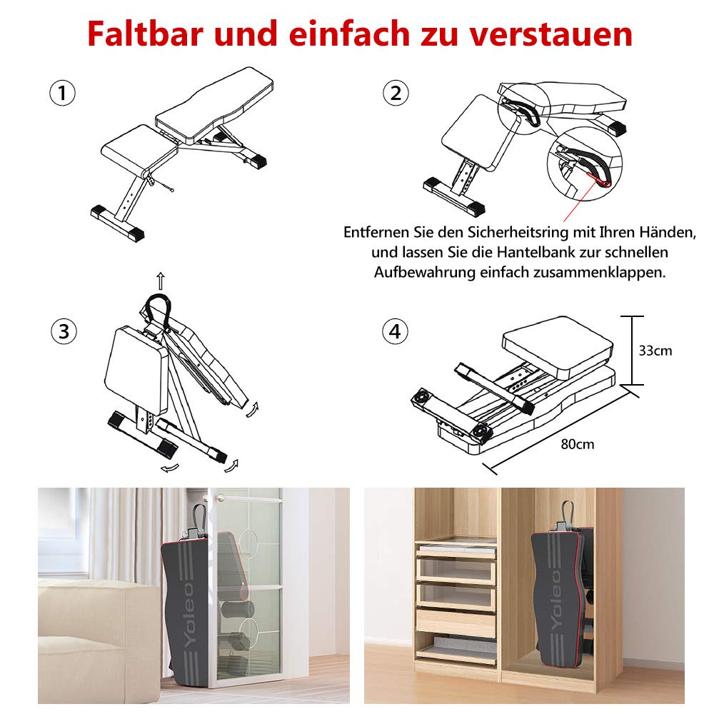 YOLEO folding weight bench Multifunction Training Fitness Bench Abdominal Trainer Incline Bench with 6-position Adjustable Backrest/3-position Adjustable Seat Cushion, Load Capacity 300kg (Elegant Black-Red)