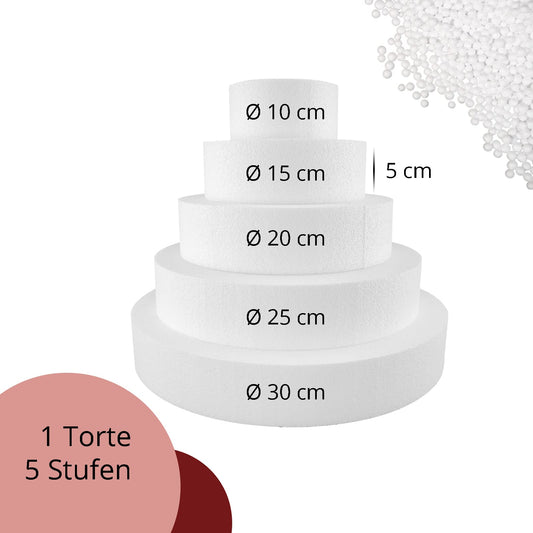 MCE-Commerce A3995975 Styrofoam cake set five-tiered H 5cm, 10cm, 15cm, 20cm, 25cm, 30cm, EPS, white