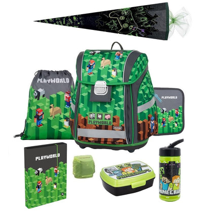 Familando Boys Backpack 1st Grade · Playworld Gaming Pixel School Bag · ergonomic & lightweight · Backpack Set (8 pieces with school cone)