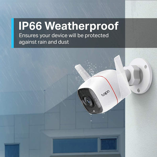Tapo TP-Link C310 Outdoor Surveillance Camera, WiFi IP Camera, 3MP High Resolution, 30m Night Vision, Motion Detection, IP66 Waterproof, Alarm Notification, Two-Way Audio, Supports Alexa & Google Assistant.