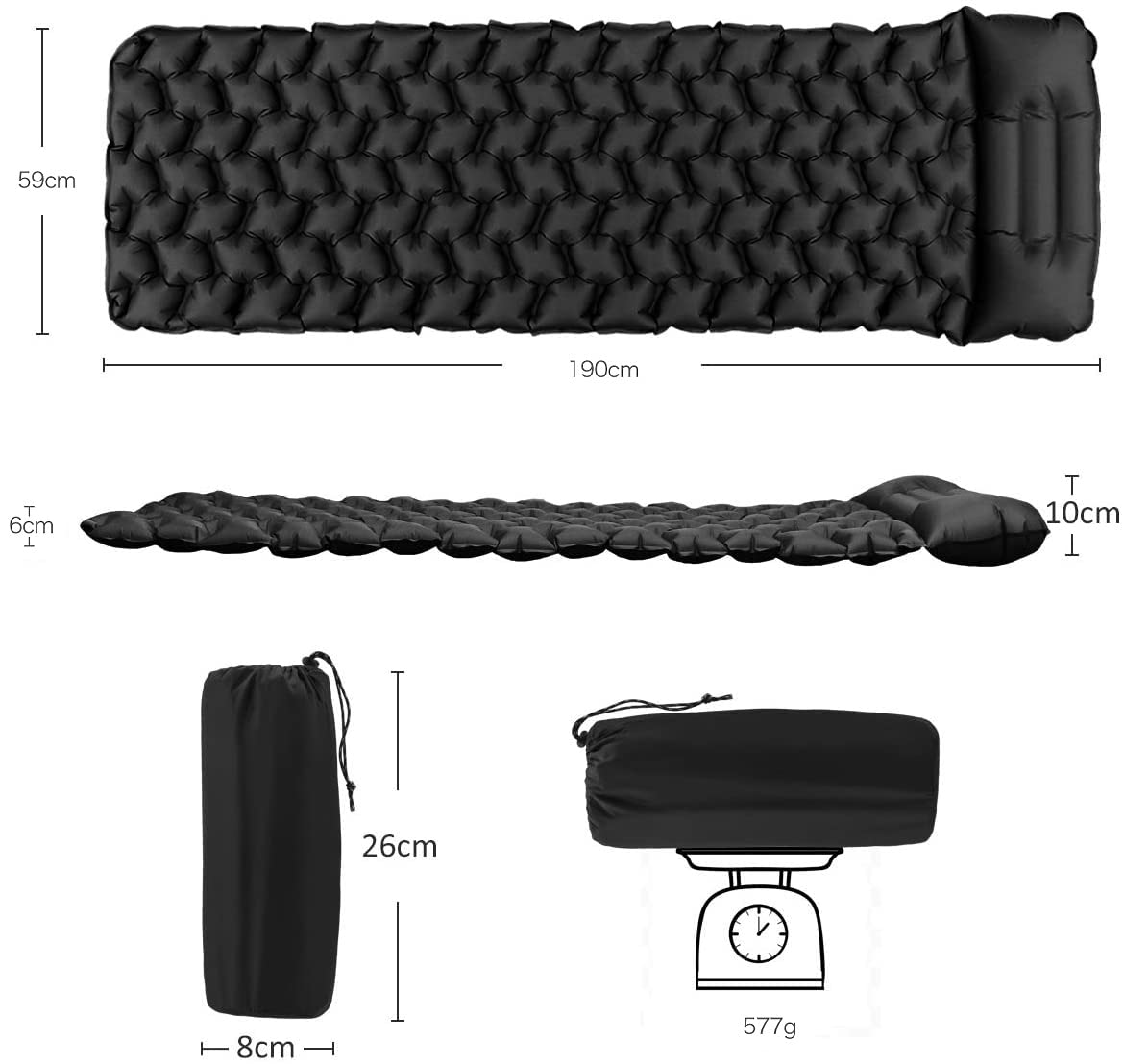 Sundom sleeping pad for camping, ultralight inflatable sleeping pad with pillow, waterproof and moisture-resistant camping air mattress, for camping hiking traveling backpacking black