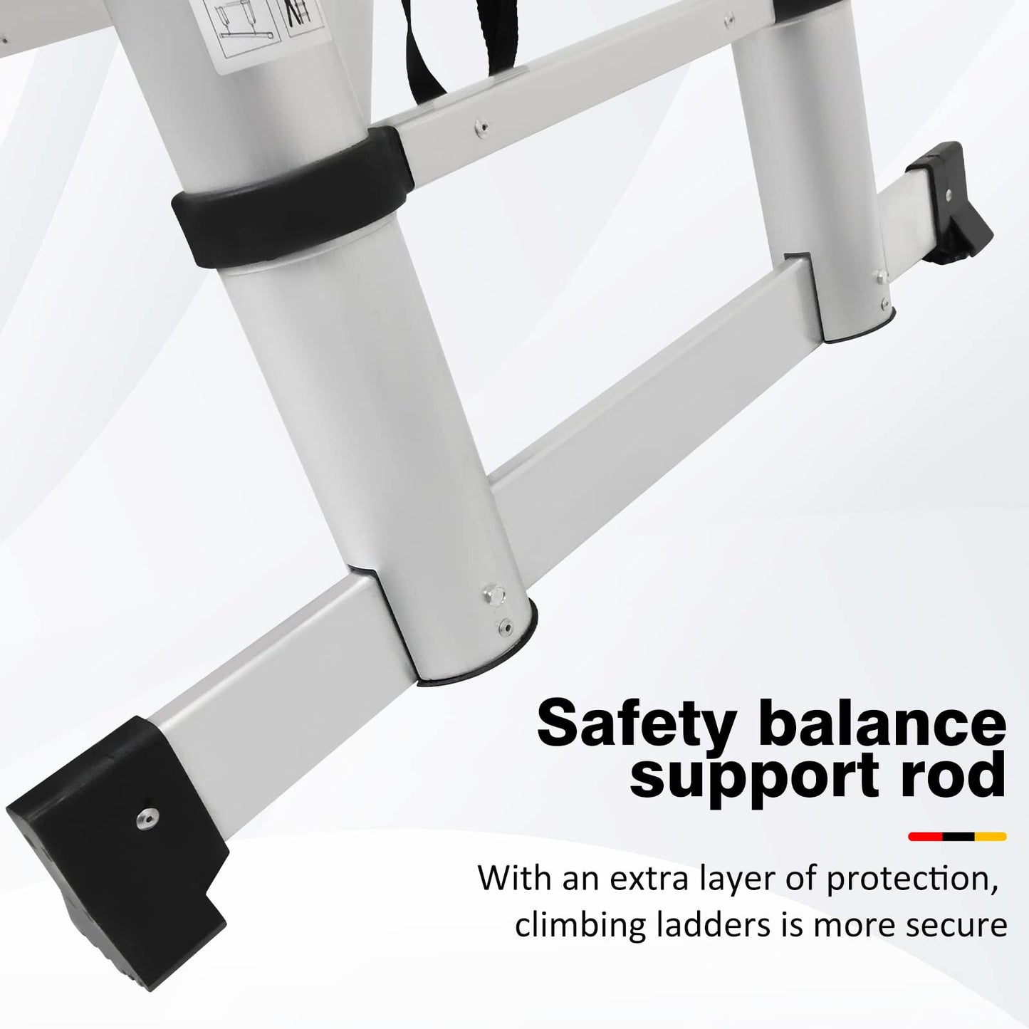 12.5FT extendable aluminum professional use telescoping ladder. Telescopic folding ladder extension 1.9m + 1.9m A-frame 3.8m ladder with stabilizer bar for building maintenance window cleaning.