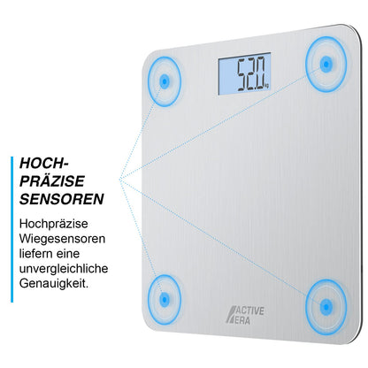 ACTIVE ERA Ultra-Slim Digital Body Weight Scale with precise accuracy and Step-On Technology - Scale made of safety glass and with large LCD display - Steel