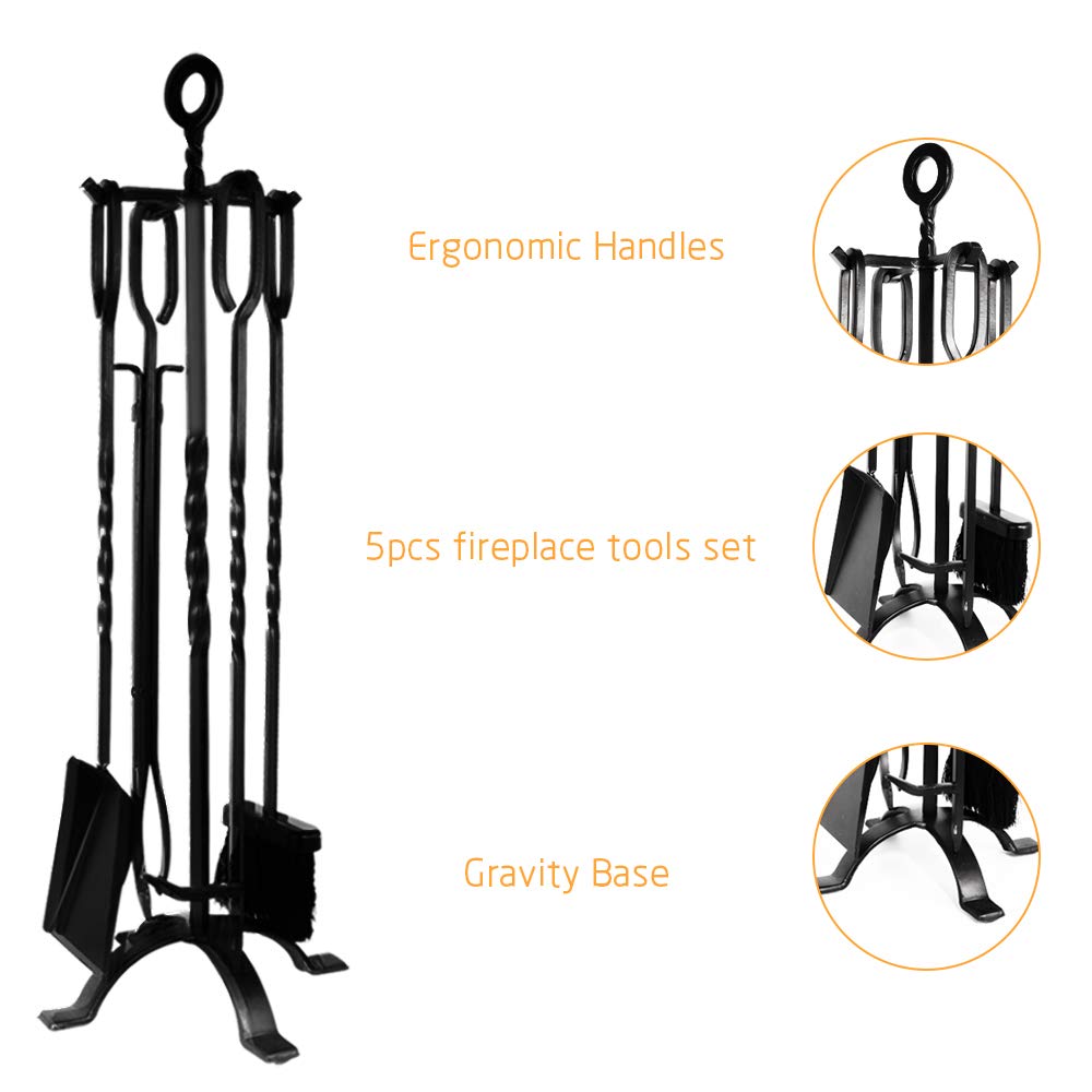 AMAGABELI 32" 5-piece fireplace tool set with wrought iron and interior fireplace accessories fireplace stand tongs shovel ash brush chimney poker black