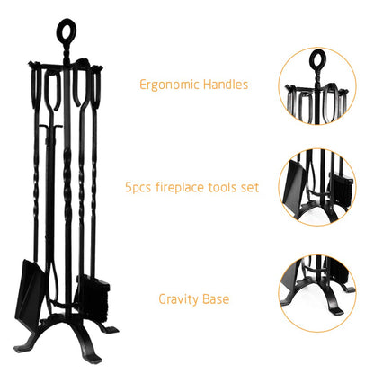 AMAGABELI 32" 5-piece fireplace tool set with wrought iron and interior fireplace accessories fireplace stand tongs shovel ash brush chimney poker black