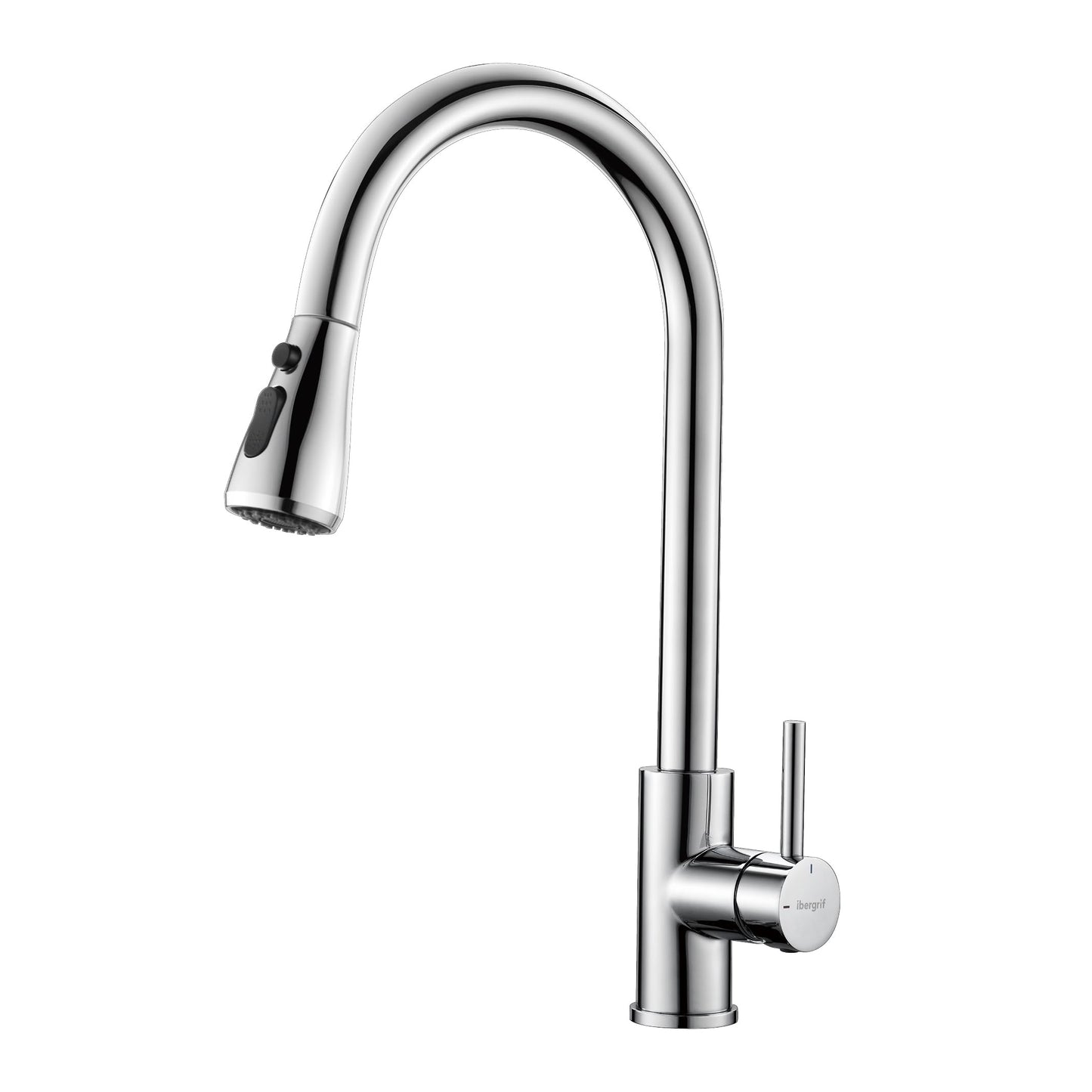 Ibergrif Kitchen Faucet Pull Out Stainless Steel 360° Swivel, Mixer Tap with 3 Spray Modes, 50cm Cold-Warm Water Connection Hoses, Easy Installation, Polished Chrome