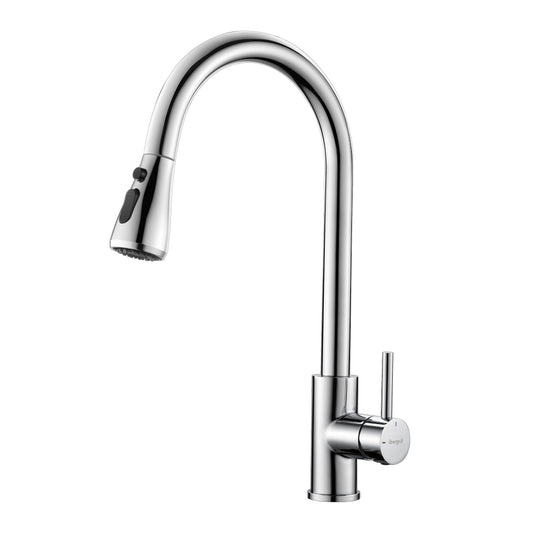 Ibergrif Kitchen Faucet Pull Out Stainless Steel 360° Swivel, Mixer Tap with 3 Spray Modes, 50cm Cold-Warm Water Connection Hoses, Easy Installation, Polished Chrome