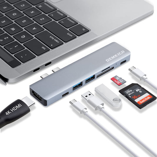 7 IN 2 USB C Hub for MacBook Pro MacBook Air, DEMKICO USB C Dock, MacBook Pro Adapter with 4K HDMI, USB 3.0 & USB 2.0 ports, SD/TF card reader, Thunderbolt 3 (87W PD), and USB C Female Port.