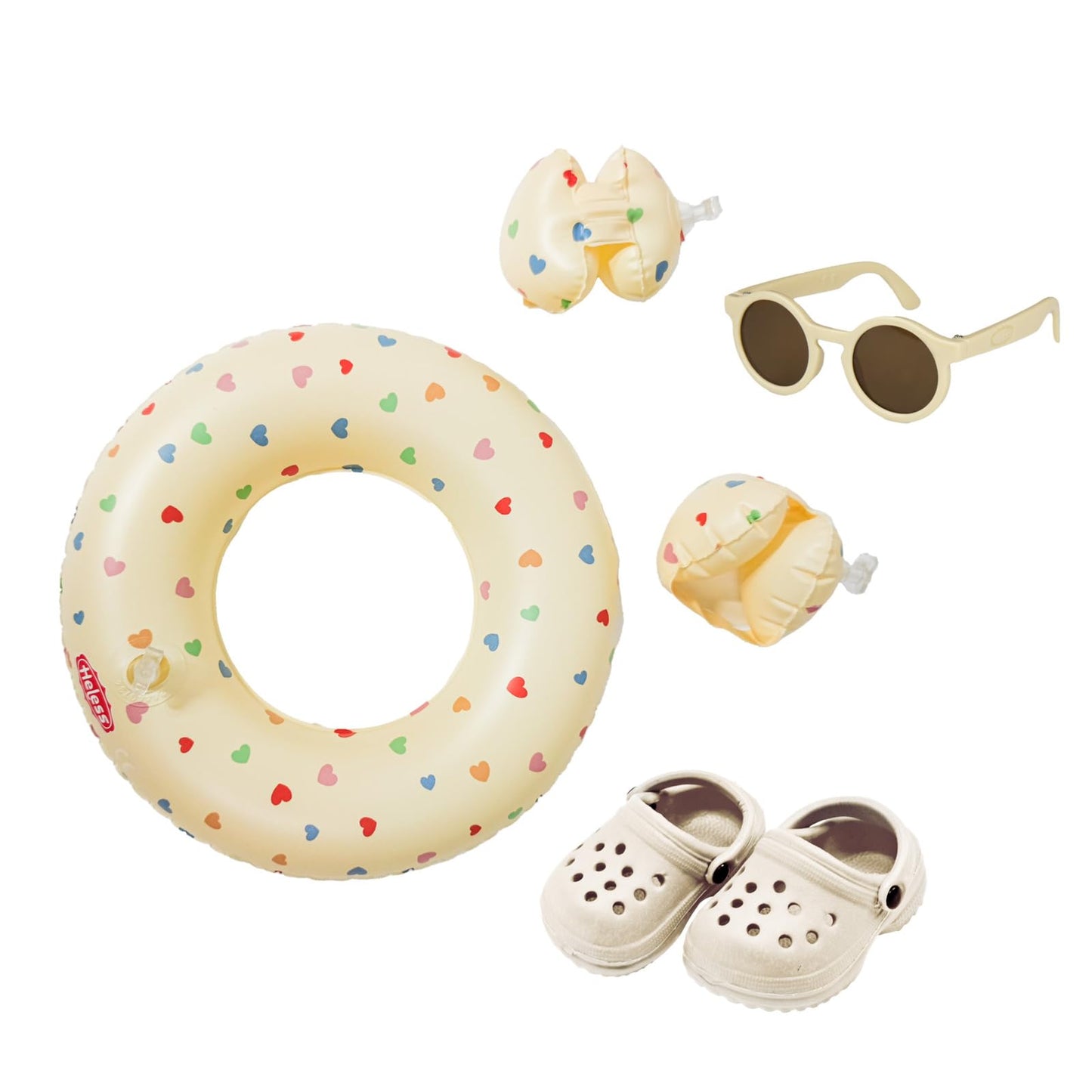 Heless 50550 - Doll swimming set in beige heart confetti, with swim ring, armbands, clogs and sunglasses, for dolls and stuffed animals sized 35-45 cm.