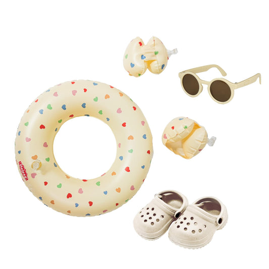 Heless 50550 - Doll swimming set in beige heart confetti, with swim ring, armbands, clogs and sunglasses, for dolls and stuffed animals sized 35-45 cm.