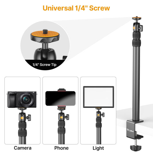 ULANZI LS02 Camera Table Stand, 44cm-105cm Adjustable, Overhead Tripod for Streaming & Gaming, Light Stand with Boom Arm, Clamp Stand with 360° Ball Head for Camera/Ring Light