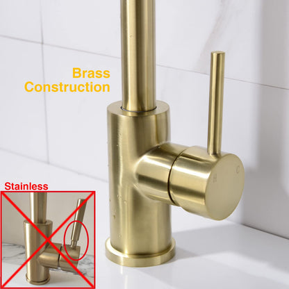 TRUSTMI Brass Faucet Single Handle High Arc Kitchen Sink Faucet Swivel C-Spout, Brushed Gold