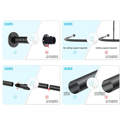Shower curtain rod L shape adjustable 70-100 × 110-170 cm, with 18 stainless steel rings, corner shower rod made of SUS 304 stainless steel, drill installation, suitable for bathtub & bathroom, Black