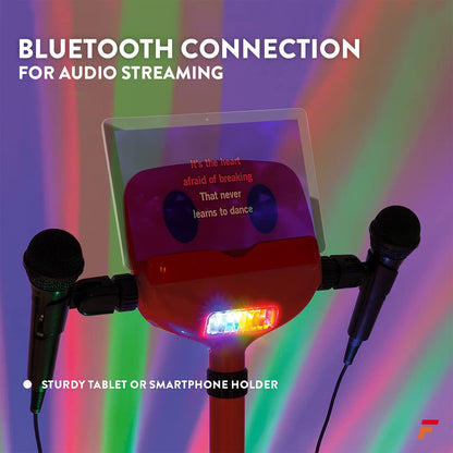 Fenton karaoke system with 2 microphones, stage mat with LEDs, Bluetooth, MP3 player, USB, karaoke machine with disco light effects - red suitable for all age groups with 2 handheld microphones and tablet holder.