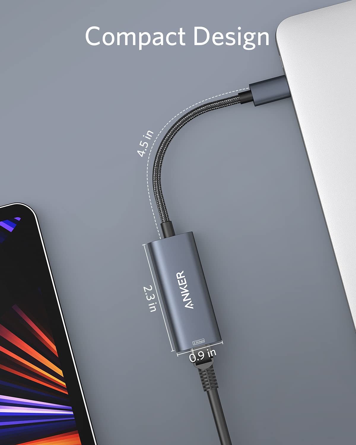 Anchor PowerExpand USB-C to Gigabit Ethernet Adapter, USB-C to 2.5 Gbps Ethernet Hub made of aluminum, Compatible with MacBook Pro, MacBook Air 2018 and later, iPad Pro 2018, XPS