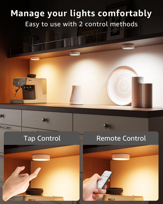 Dimmable LED spot with battery and remote control, 2400mAh USB rechargeable cabinet lighting wireless under cabinet kitchen LED round touch lamp battery operated magnetic adhesive light