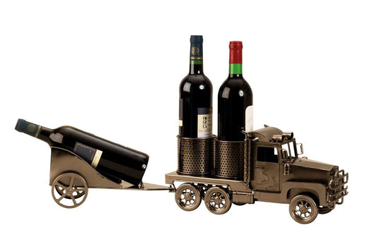 Metal truck with trailer bottle holder for 3 wine bottles.
