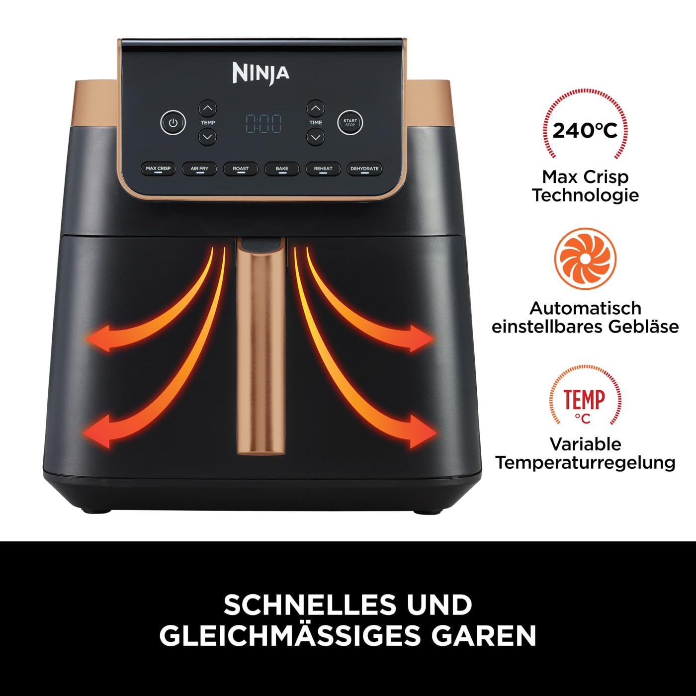Ninja Max Pro Hot Air Fryer, 6.2L, oil-free, large drawer, roast, bake, air fry, non-stick coated, dishwasher-safe basket & crisper grid insert, silicone tongs, black/copper, AF180EUCP