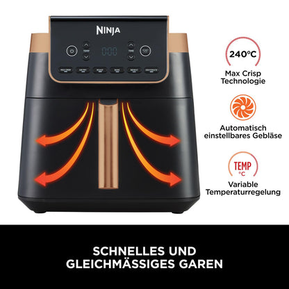 Ninja Max Pro Hot Air Fryer, 6.2L, oil-free, large drawer, roast, bake, air fry, non-stick coated, dishwasher-safe basket & crisper grid insert, silicone tongs, black/copper, AF180EUCP