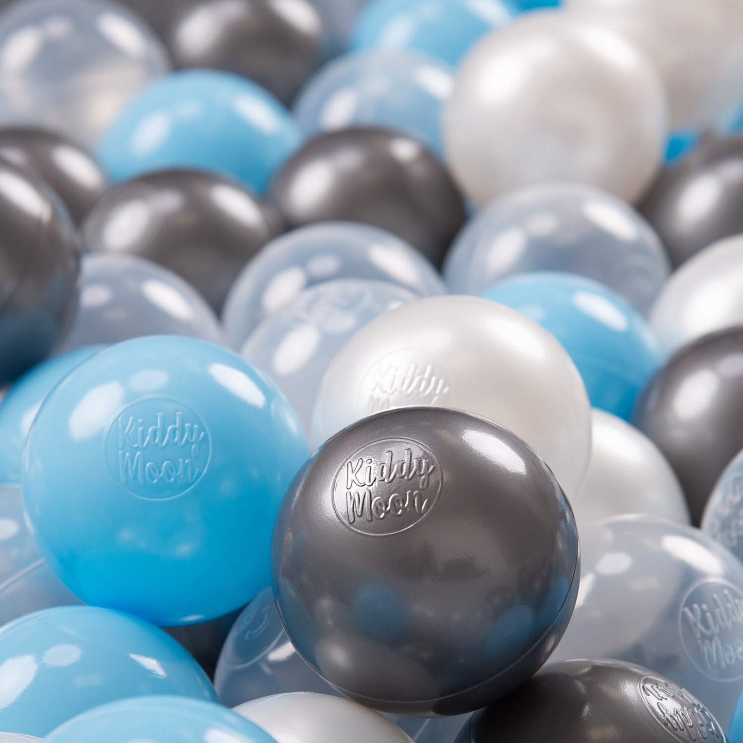 KiddyMoon 700 ∅ 7cm Children Balls Play Balls for Ball Pit Baby Plastic Balls Made in EU, Transparent/Silver/Pearl/Baby Blue