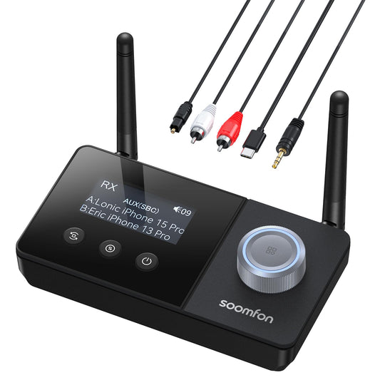 SOOMFON Bluetooth 5.3 transmitter receiver for 2 headphones, 3-in-1 BT audio adapter with dual antenna, Bluetooth transmitter receiver for TV/stereo system, with volume control, aux/RCA/optical.