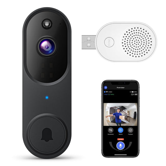 Guggre Wireless Smart Video Doorbell, Night Vision 1080p Camera, Motion Sensor, Weatherproof Doorbell with Alarm, 2-Way Audio, including mounting bracket and accessories for increased home security.