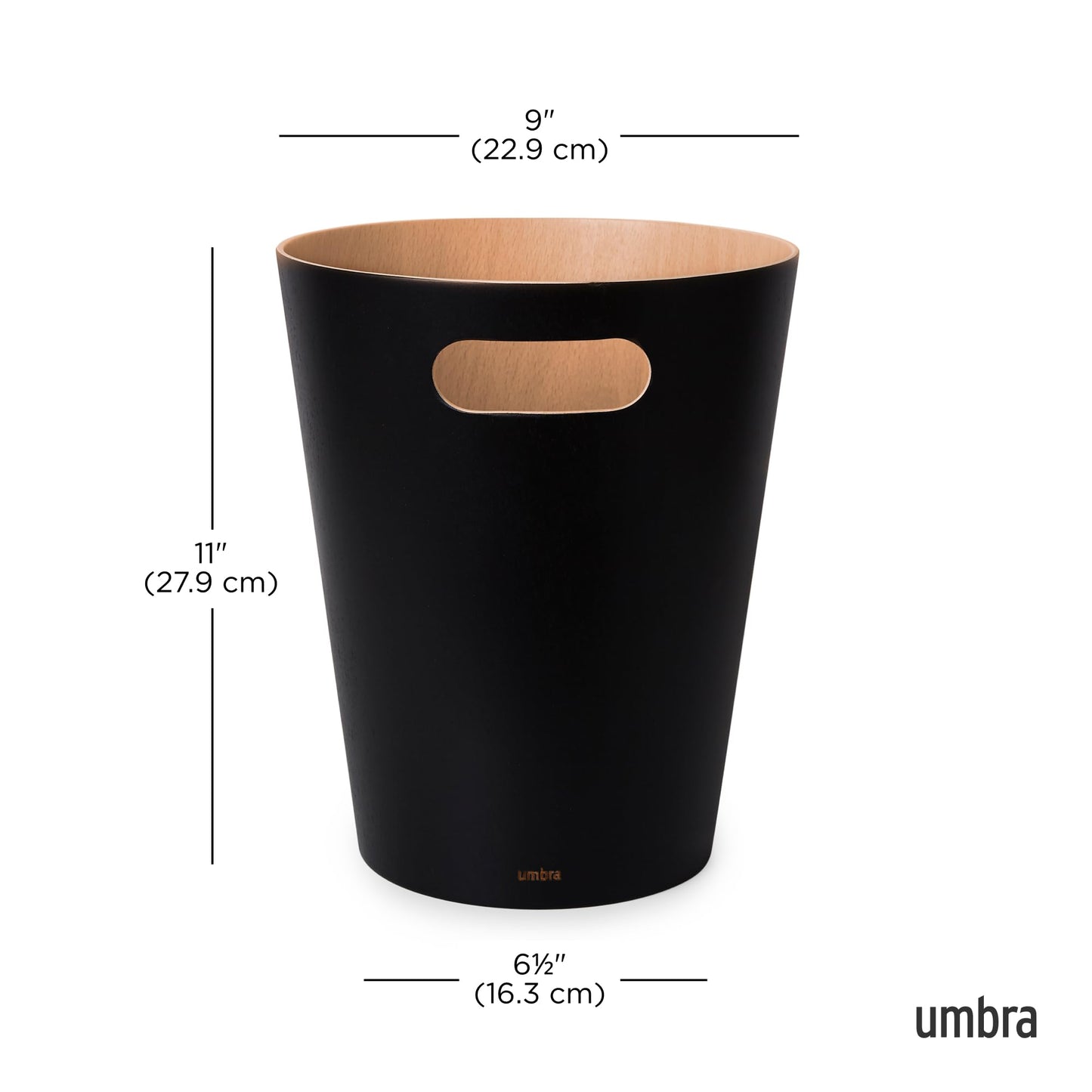 Umbra Woodrow Waste Bin - Two-Tone Wood Trash Can for Office, Bathroom, Living Room, and More, 7.5L Capacity, Natural/Black