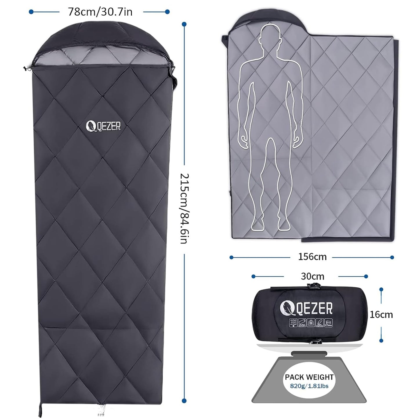 QEZER Summer Sleeping Bag, Ultralight Sleeping Bag with Small Pack Size filled with 600FP Down for Adults and Children Camping, Trekking, and Hiking Outdoors (Black)