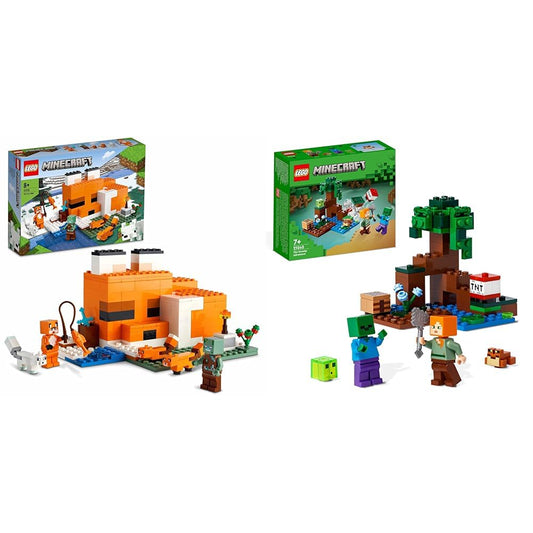 LEGO 21178 Minecraft The Fox Lodge, toy for boys and girls aged 8+ & 21240 Minecraft The Swamp Adventure Set, toy with Alex and Zombie figures in the biome, for ages 8+.