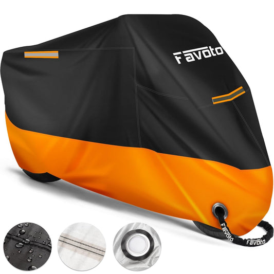 Favoto Upgraded Waterproof Motorcycle Cover Outdoor Motorbike Garage Scooter Cover Windproof Orange-Black XXXL with 2 Buckles.