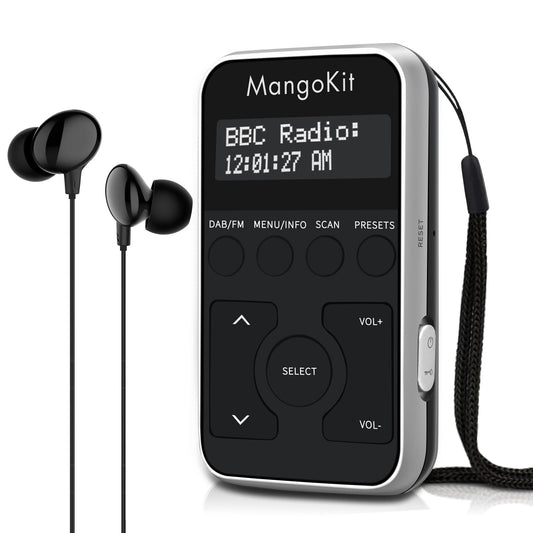 MangoKit MP1+ Portable Pocket DAB DAB+ Radio, Personal FM Radio with Headphones, Sports DAB Radio with Lockable Buttons, Rechargeable Battery, 20 Presets W/Display-Black & Silver.