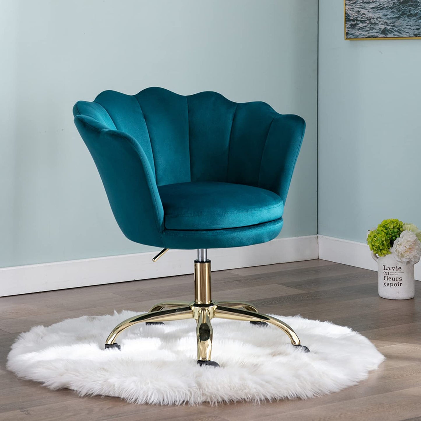 Wahson velvet office chair with wheels, height adjustable swivel computer chair. Ideal for bedroom/vanity. Blue-green color.