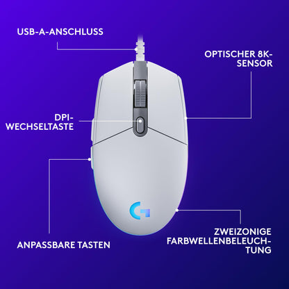 Logitech G203 Gaming Mouse with customizable LIGHTSYNC RGB lighting, 6 programmable buttons, gaming-grade sensor, 8,000 DPI tracking, Lightweight - White