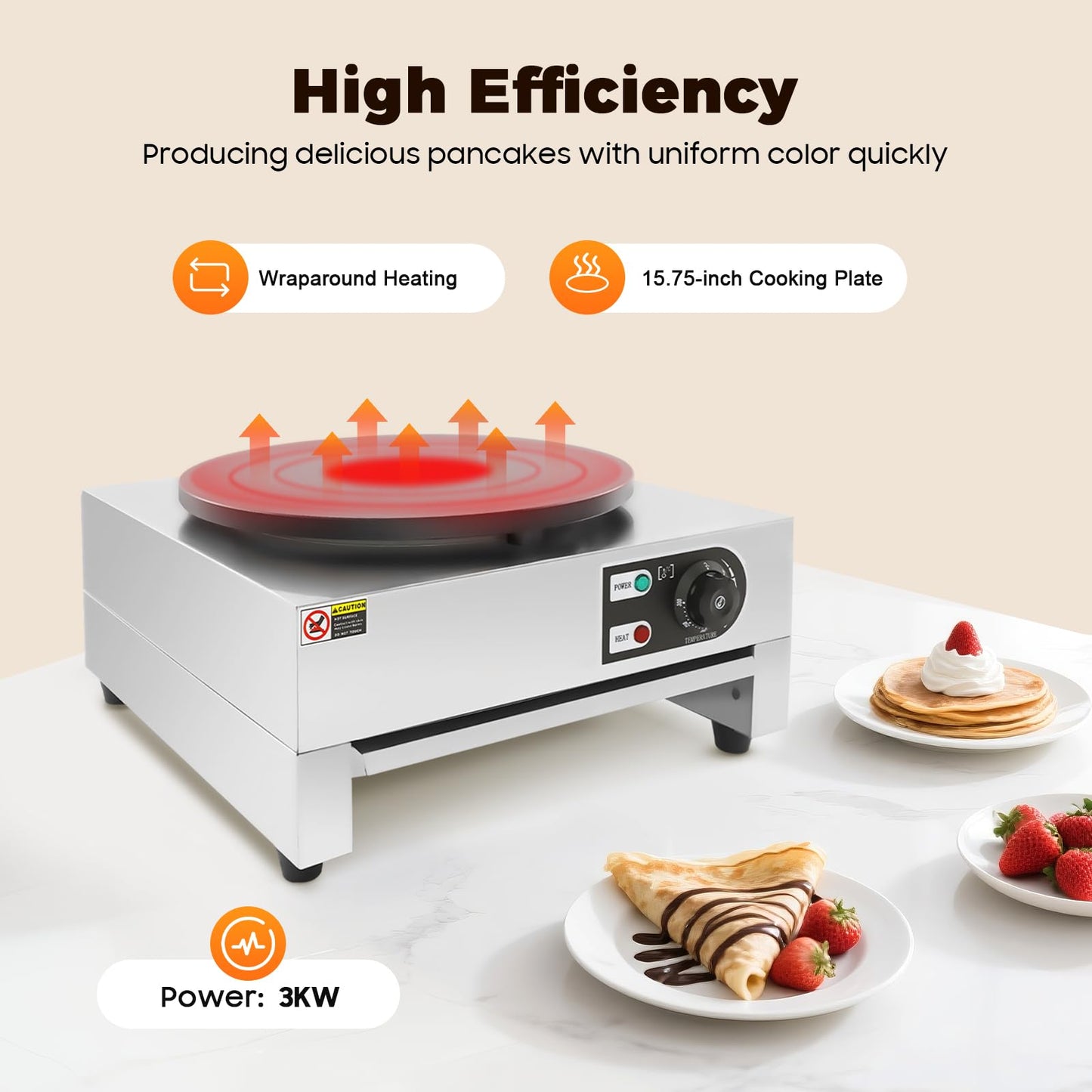 Electric Crepe Maker, 40cm with pull-out tray Crepe maker Built-in thermostat 50-300°C infinitely adjustable 3KW Crepe pancake machine.
