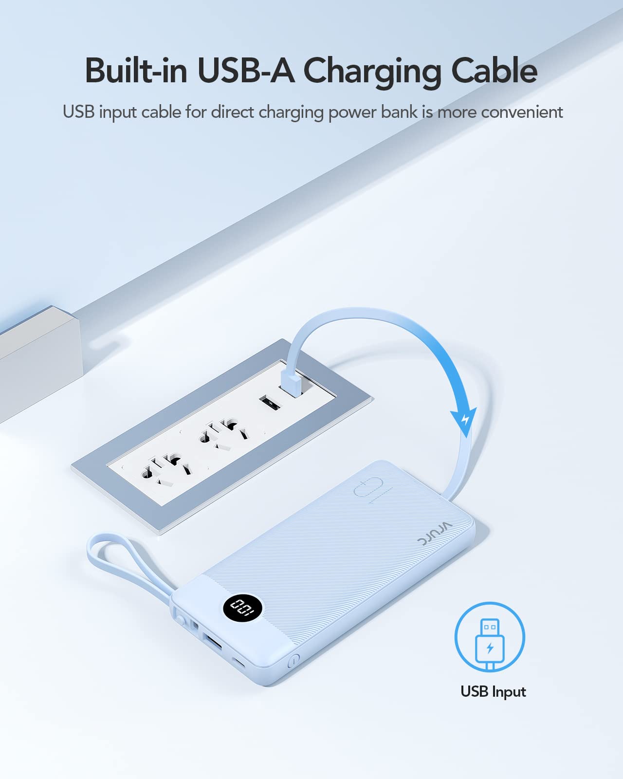 VRURC Powerbank 10000mAh with Cable, Portable Power Bank Charger USB C External Phone Batteries LED Display with 5 Outputs 2 Inputs Compatible with iPhone/Huawei/Samsung Smartphone, etc. - Blue