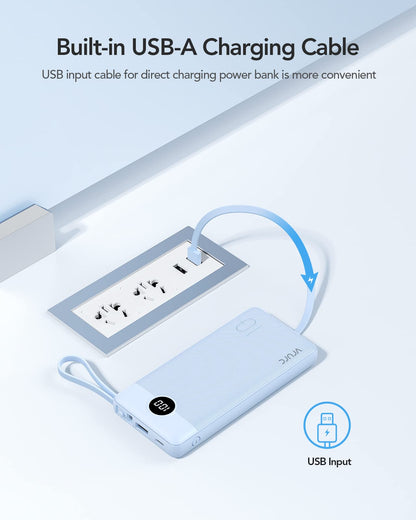 VRURC Powerbank 10000mAh with Cable, Portable Power Bank Charger USB C External Phone Batteries LED Display with 5 Outputs 2 Inputs Compatible with iPhone/Huawei/Samsung Smartphone, etc. - Blue