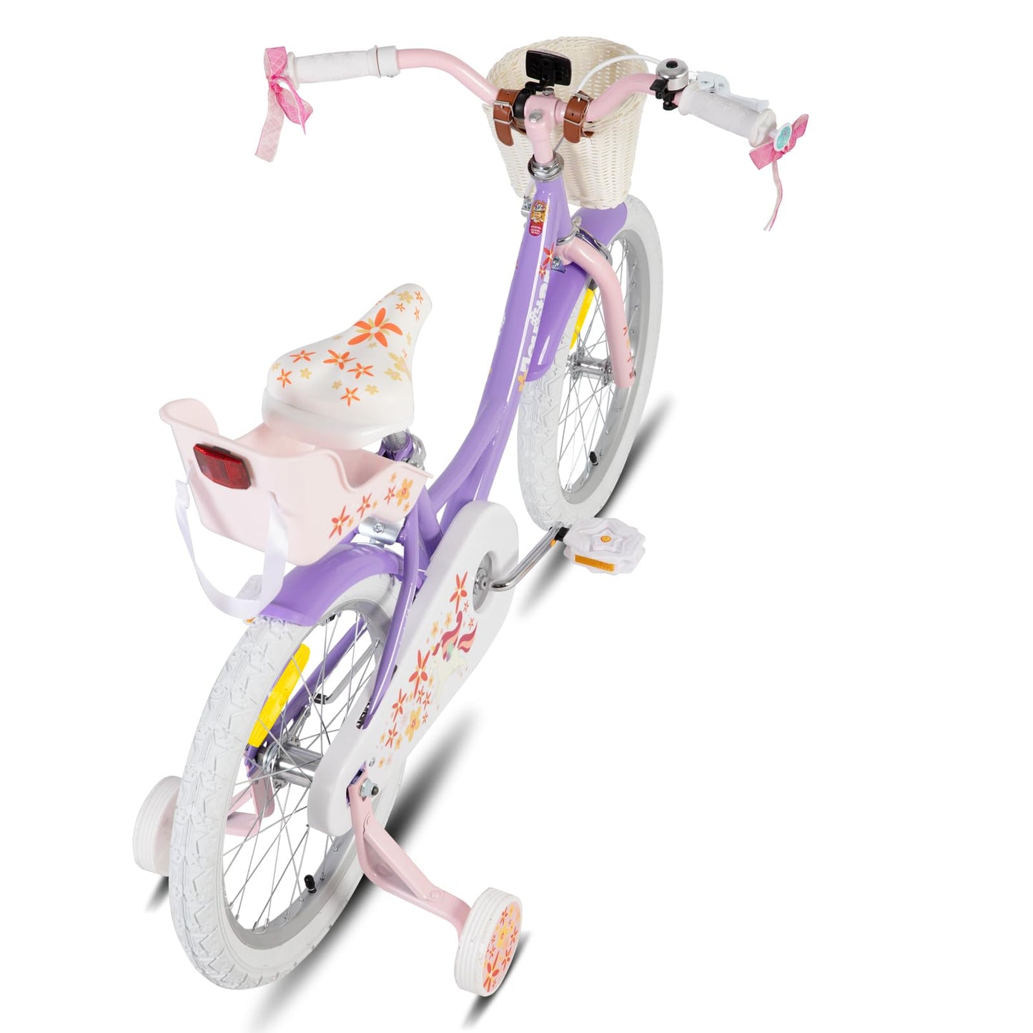 JOYSTAR Unicorn 18-inch kids bike for 6-9 year old girls, bike with doll seat & training wheels & basket streamer, bright purple.