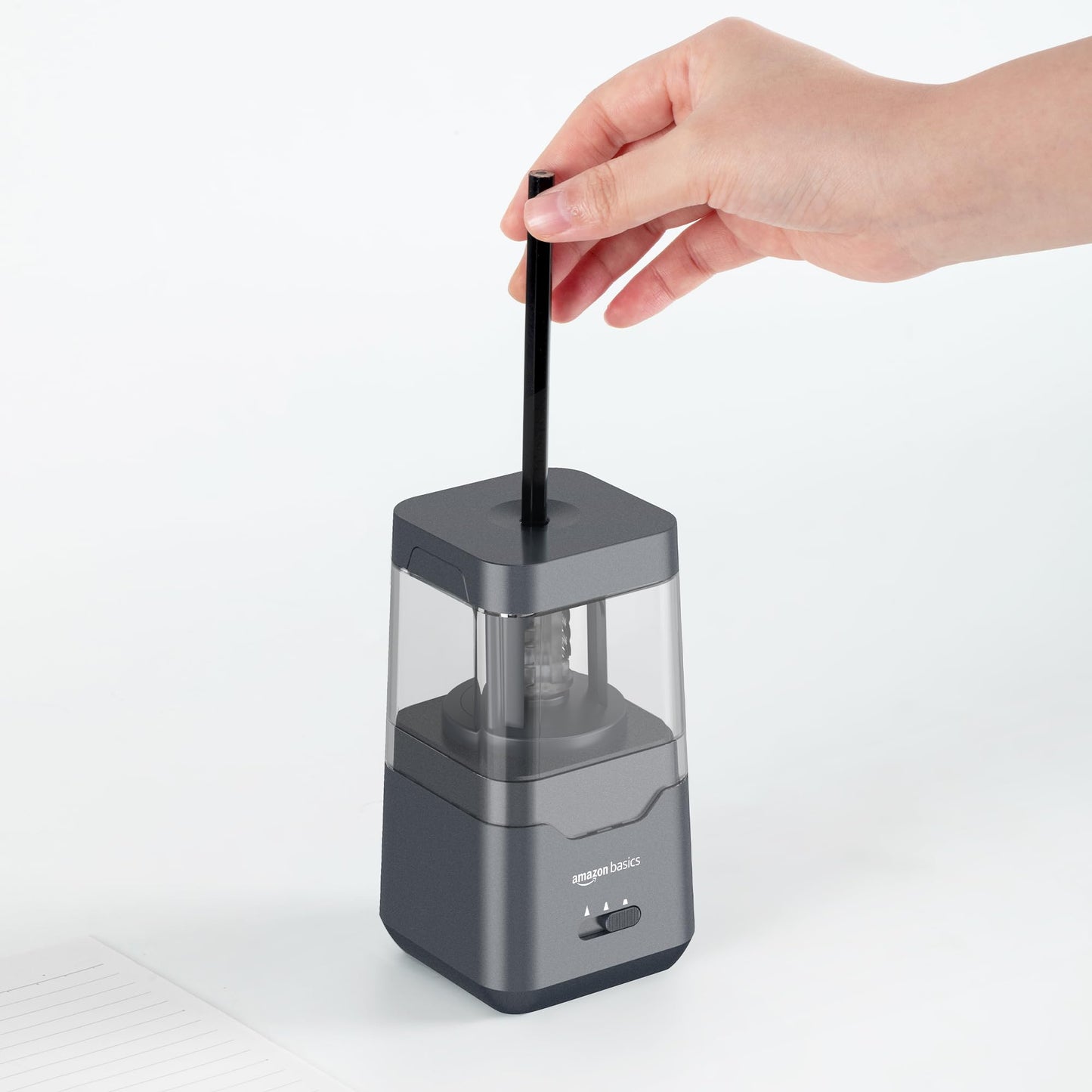 Amazon Basics Portable Electric Pencil Sharpener, spiral blade, automatic stop, battery/USB-powered, Black, 7.1 x 7.1 x 13.46 cm