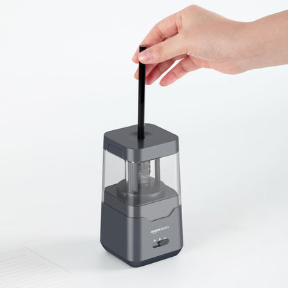 Amazon Basics Portable Electric Pencil Sharpener, spiral blade, automatic stop, battery/USB-powered, Black, 7.1 x 7.1 x 13.46 cm