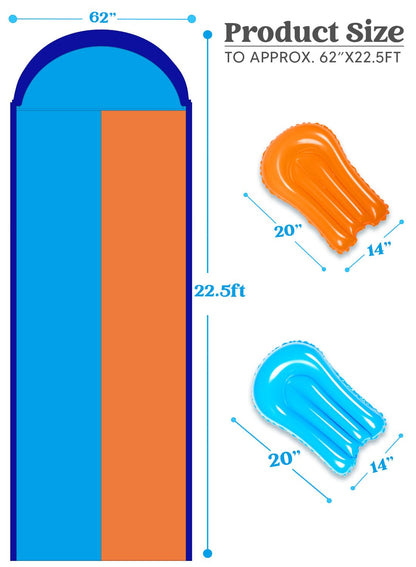 SLOOSH 22.5ft x 62in/685.8*157.5cm Double Lawn Water Slide, sturdy water slide with sprinkler and 2 inflatable boards for kids and adults, summer party, backyard, outdoor water activities.