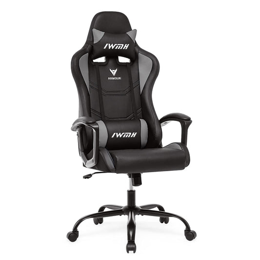 IWMH Gaming Chair, Ergonomic Computer Chair with High Backrest, Height Adjustable Swivel Chair, Racing Chair with Armrests, Adjustable Headrest and Lumbar Support (Gray)