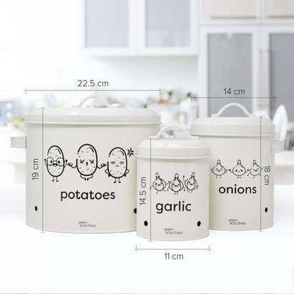 Joeji's Kitchen potato storage box set of 3 metal potato onion garlic storage with lid featuring 360° air circulation to keep vegetables fresh longer Vegetable storage - Cream