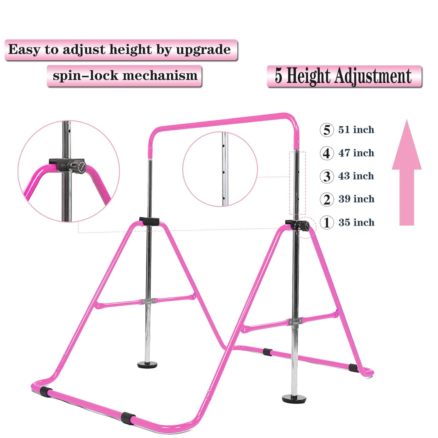 FINGER TEN Gymnastics Horizontal Kip Bar for Kids, Foldable 4 Height Adjustable Training Bars for Indoor/Outdoor Home Gymnastics (Pink)