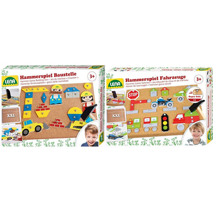 Lena 65828 Hammer Game, nail game with 64 colorful construction pieces, approx. 28 x 19.5 cm & Hammer Game Vehicles, with 64 colored pieces in different shapes, approx. 28 x 19.5 x 1.4 cm