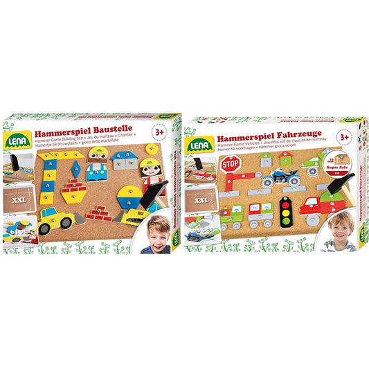Lena 65828 Hammer Game, nail game with 64 colorful construction pieces, approx. 28 x 19.5 cm & Hammer Game Vehicles, with 64 colored pieces in different shapes, approx. 28 x 19.5 x 1.4 cm