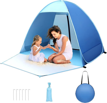 Pop-up beach tent, 2-3 person family tent with UV protection UPF 50+. Beach tent with zipper backdoor, front door with buckles. Compact size for sun protection at the beach or in the garden.