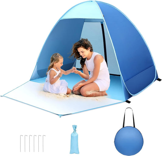 Pop-up beach tent, 2-3 person family tent with UV protection UPF 50+. Beach tent with zipper backdoor, front door with buckles. Compact size for sun protection at the beach or in the garden.