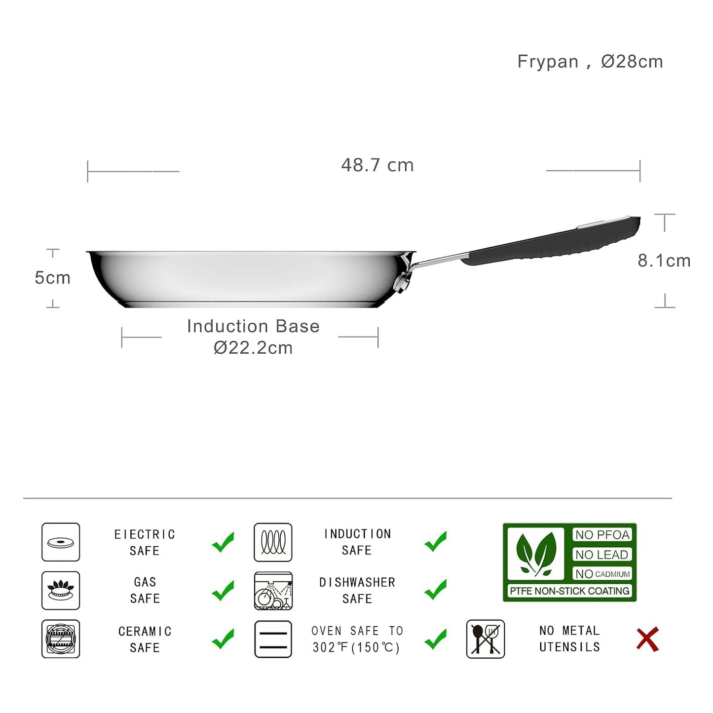 Amazon Basics Stainless Steel Non-Stick Frying Pan - Induction Compatible, with Comfortable Handle - 28 cm
