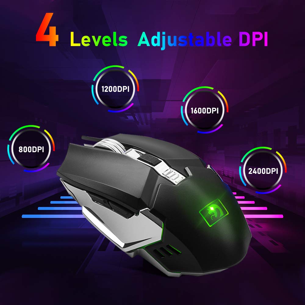 Wireless gaming keyboard and mouse set, 2.4G rechargeable 3800mAh large capacity, rainbow LED backlight gaming keyboard + 2400DPI 7-color breathing backlight mouse.