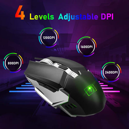 Wireless gaming keyboard and mouse set, 2.4G rechargeable 3800mAh large capacity, rainbow LED backlight gaming keyboard + 2400DPI 7-color breathing backlight mouse.